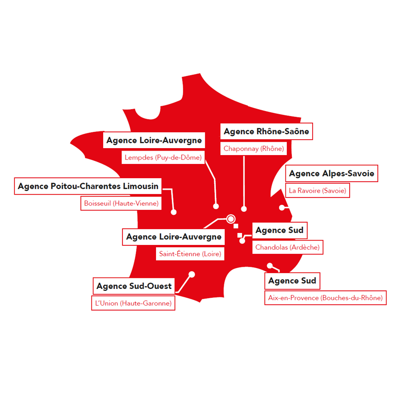 Image d'une carte des implantations de Forézienne : Lempdes, Chaponnay, La Ravoire, Chandolas, Aix-en-Provence, L'Union, Saint-Etienne, Boisseuil 