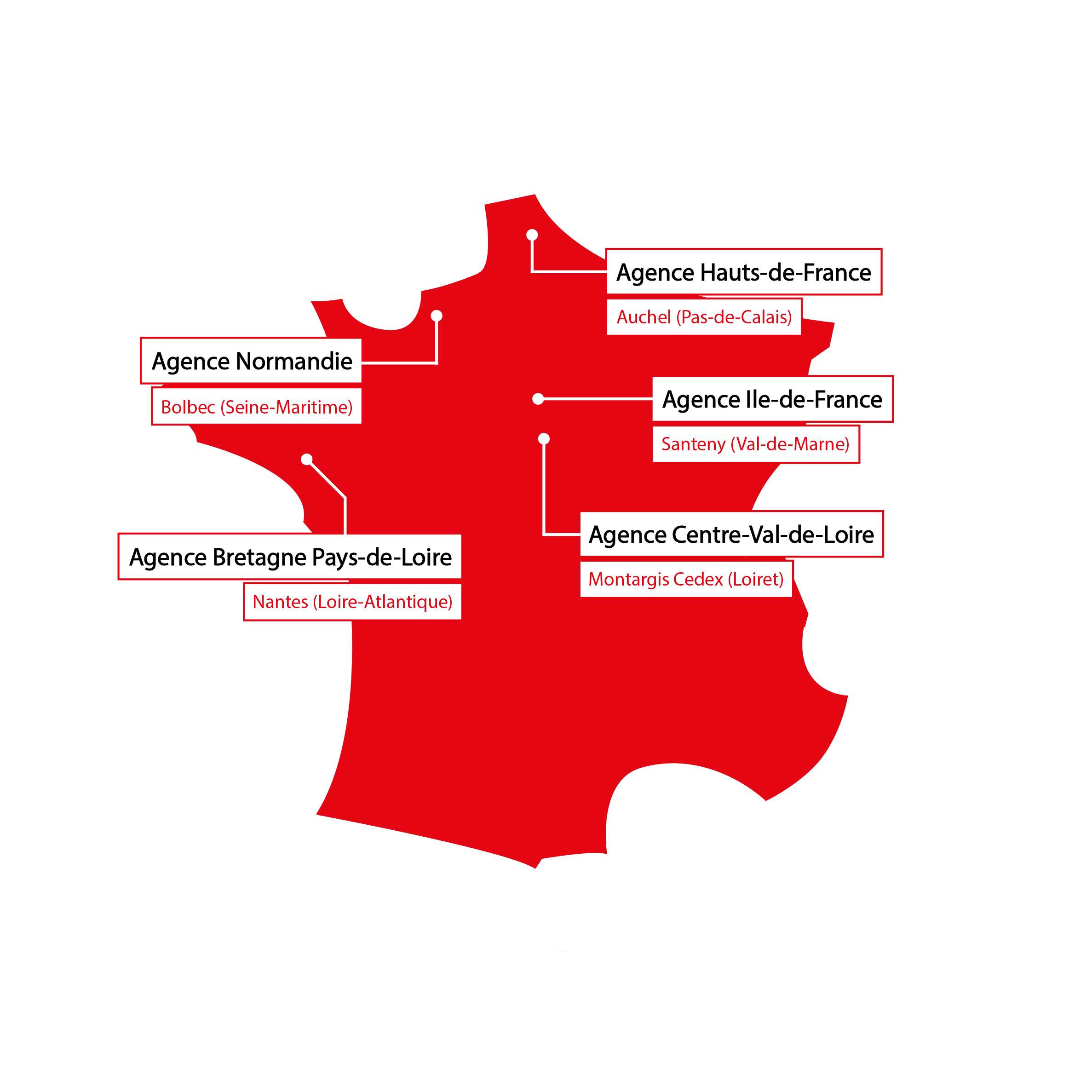 Image d'une carte des implantations de Roland Tinel : Auchel, Santeny, Montargis Cedex, Nantes, Bolbec